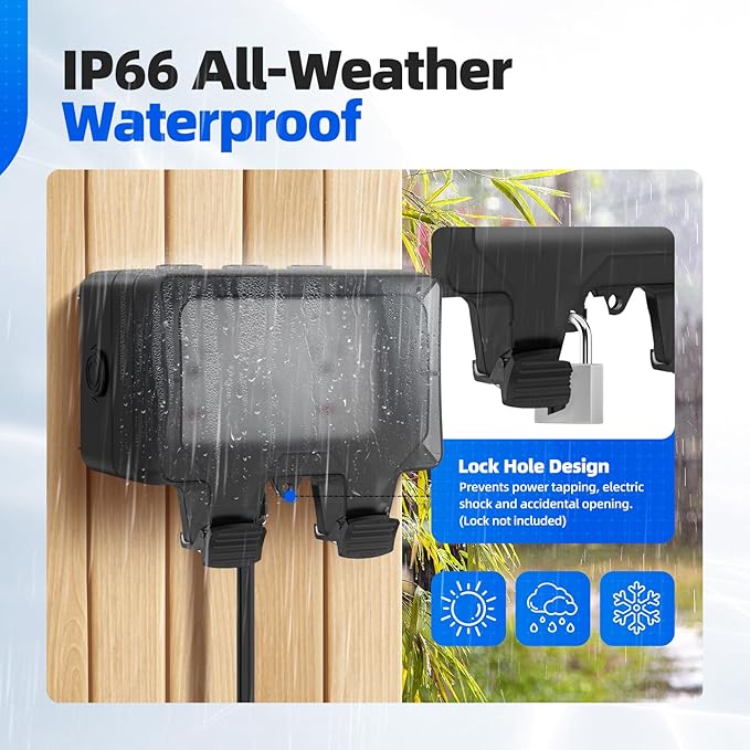Outdoor Outlet Box with 26.3Ft Extension Cord, NEMA 5-15R, STW 14 AWG,IP66 Waterproof Power Outlet Extender with On/Off Switch & LED Indicator for Garden Yards& Outdoor Activity