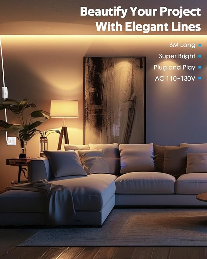 Self-Adhesive 20FT LED Strip Lights for Bedroom Warm White Waterproof Flexible LED Rope Light for Outside AC 110V-120V Switch Plug in 2835 120LED/M LED Tape Light for Bedroom Indoor Outdoor