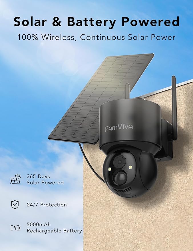2K Solar Security Cameras Wireless Outdoor, 360°PTZ Battery Powered Cameras for Home Security, 2.4G WiFi Outdoor Camera with Color Night Vision, IP66 Waterproof, Motion Sensor Alarm, Black，2Pack