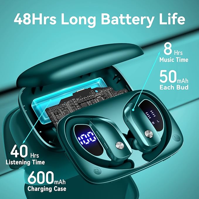 bmani Wireless Earbuds Bluetooth Headphones 48hrs Play Back Sport Earphones with LED Display Over-Ear Buds with Earhooks Built-in Mic Headset for Workout Green