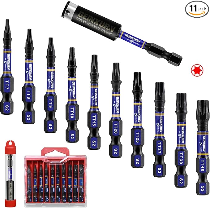 10Pieces 2In. Impact Security Torx (TT7-TT40) Screwdriver Bit Set,Magnetic Multi-Hollow Torx Head Bits, S2 Alloy Steel Star Bits with 1Pc Impact Bit Holder and Storage M-Box