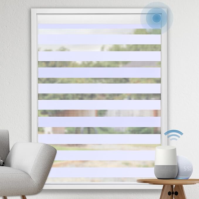 DENFOON Motorized Zebra Blinds, Solar Powered Dual Layer Automatic Shades with Remote Control, Rechargeable Smart Blinds Horizontal Wireless Electric Shades for Windows, Custom Size, White