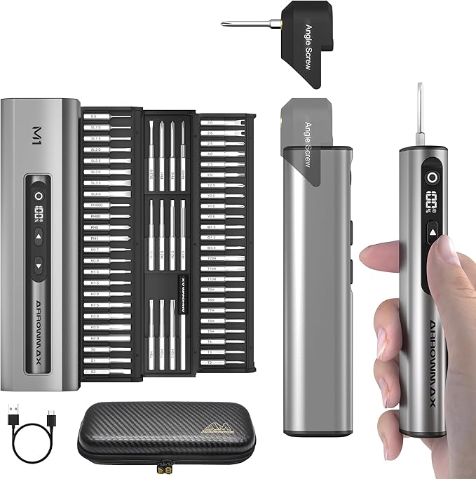 AM ARROWMAX 7.4V Mini Electric Screwdriver & Removable Angle Screw, Precision Electric Screwdriver Set, 60 in 1 Magnetic Bit, 5 Torque Setting, 5/32''Hex, Repair Tools For Phone Camera Watch (M1 PLUS)