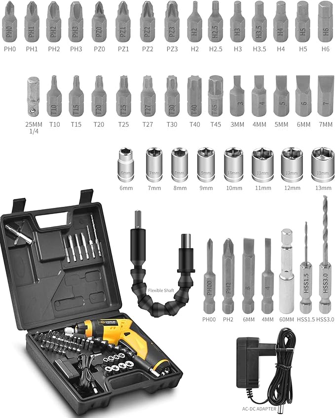 VIGRUE Cordless Screwdriver Set, Rechargeable Electric Screwdriver with 45 Free Accessories, Battery Indicator, 7 Torque Setting, 2 Position Handle with LED Light, Flexible Shaft