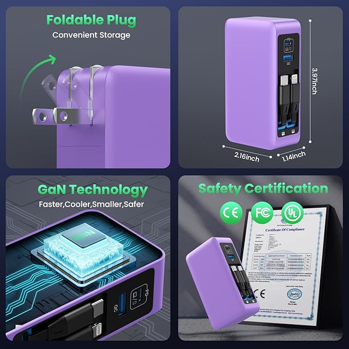120W USB C Charger Block with 2 Built-in Retractable Cables,4-in-1 GaN IV Foldable Plug Wall Charger Fast Charging Station,PD 65W Laptop Adapter for Macbook/iPad,iPhone 16/15,Galaxy S24,Android-Purple