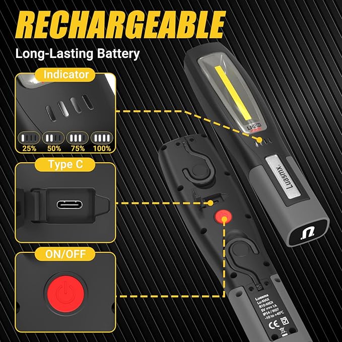 Luasmx Rechargeable LED Work Light, Black, Portable Hook Mechanic Flashlight for Car Repair/Mechanics/Camping/Emergency