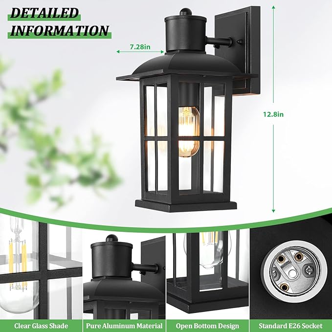 13in Outdoor Wall Lights, Anti-Rust 100% Aluminum Exterior Light Fixtures, Outdoor Wall Lanterns Sconce Lighting Matte Black, Outside Lights for House Wall Mount Porch Lights for Entryway Garage