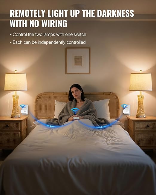 Remote Control Outlet Wireless Light Switch, Removable Remote Outlet Switch Kit for Lamps, Lights, Appliance, Expandable, 100ft RF Range, FCC Listed (1 Controller + 2 Outlets) W08RC1206