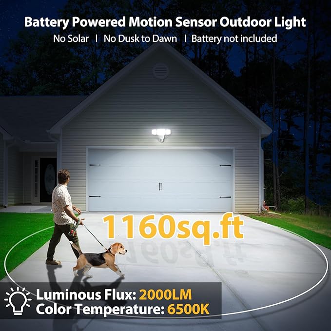 Onforu Battery Powered Motion Sensor Outdoor Lights, 2000LM 6500K Security Flood Lights, IP65 Waterproof Battery Operated Lights with Adjustable 3 Head Motion Detector LED Flood Light