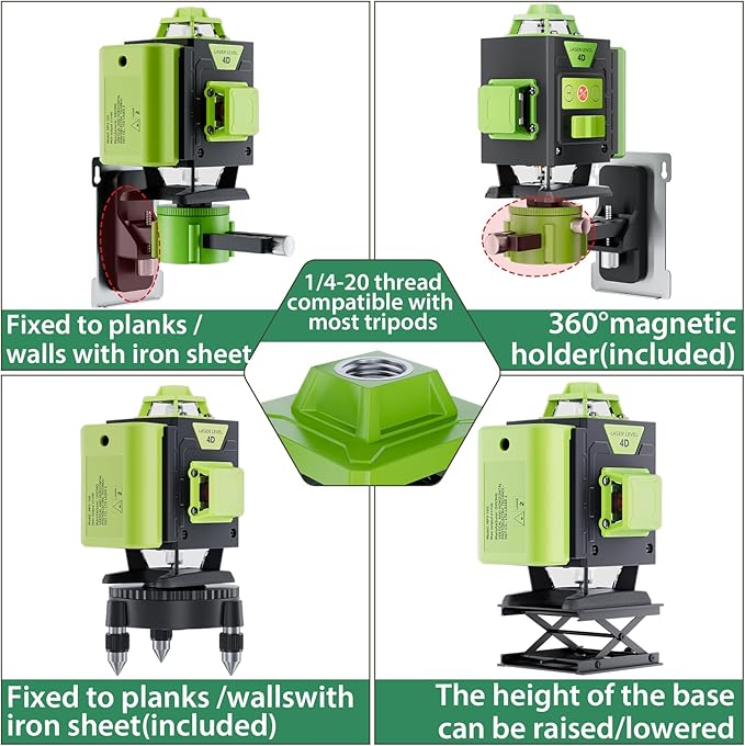 Laser Level 360 Self Leveling, 4 * 360° Green Cross Line Lazer Leveler Tool, Professional 4D Laser Level for Picture Hanging and Construction, Remote Control & 2 Batteries