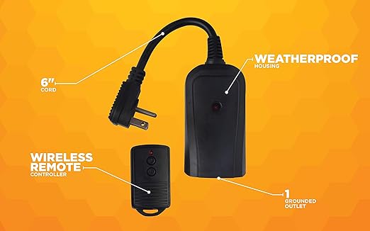 Woods 32555WD Weatherproof Outdoor Electrical Outlet Switch, Wireless Remote Control Plug In, 100 ft Control Range, Weatherproof Remote Control Converter, 60-ft Frequency Range, 1 Pack, Black