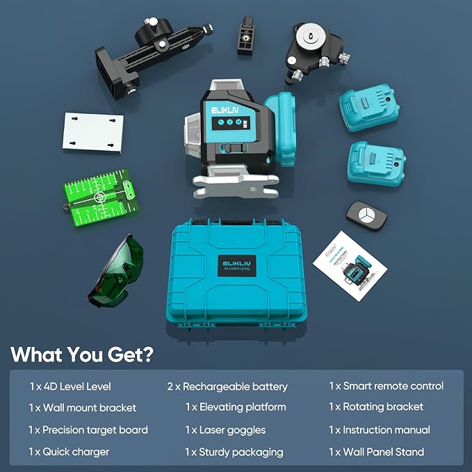 Elikliv Laser Level 360 Self Leveling, 200Ft Green Laser Level Lines Tool, 4x360° Cross Line Laser, Self Leveling Laser Level for Construction＆Picture Hanging,Rechargeable Batterie(16Hrs)