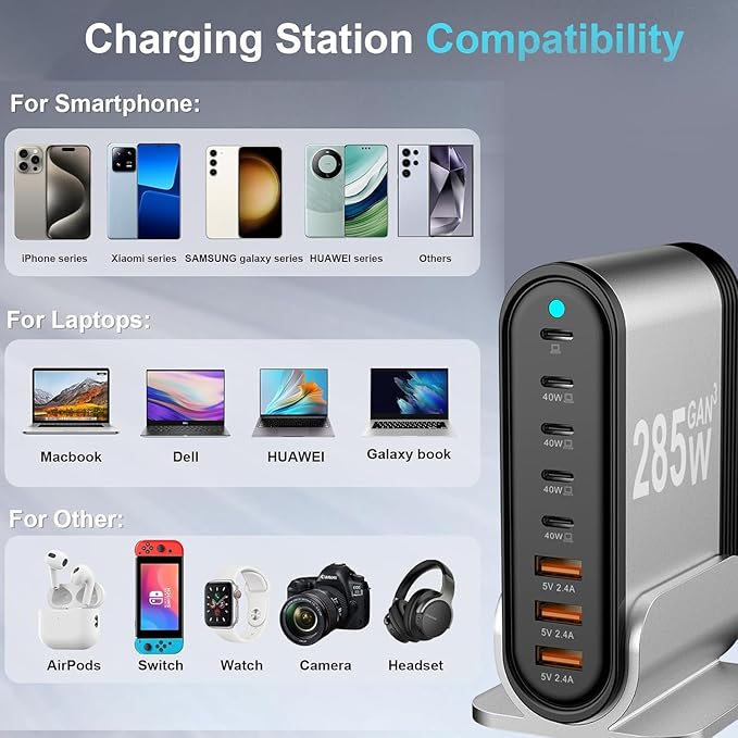 USB C Fast Charger : Fast Charging Station : 285W-8 Port Desktop Multiple Devices Power Adapter for Laptop MacBook Pro/Air, DELL, Tablet iPad Pro/Air, iPhone 16/15/14, Galaxy S23/22