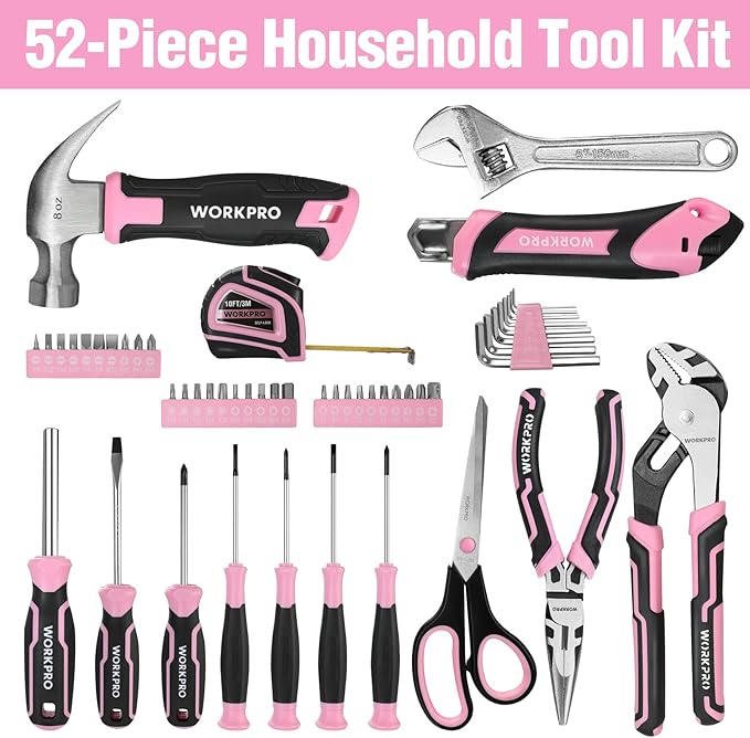 WORKPRO 52-Piece Pink Tools Set, Household Lady Tool Kit with Storage Toolbox, Basic Tool Set for Home, Garage, Apartment, Dorm, New House, Back to School, and as a Gift