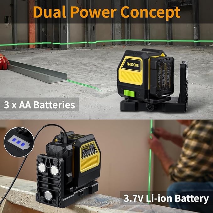 Firecore Outdoor Laser Level Kit, Self Leveling Cross Line Laser Level with Dual Power Supply and Laser Track Clip for Pros, Green Lazer Leveler Tool for Picture Hanging, Wall, Tile, Construction