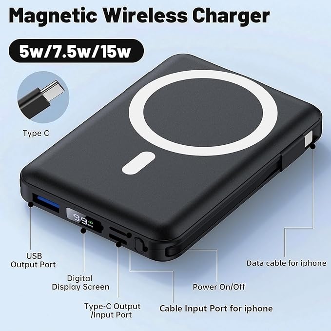 Azmuth for Magsafe Battery Pack, 10000mAh Magnetic Power Bank 22.5W PD Fast Charging with USB-C Cable LED Display Wireless Portable Charger for Magsafe with Stand for iPhone 16/15/14/13/12/Pro/Pro Max