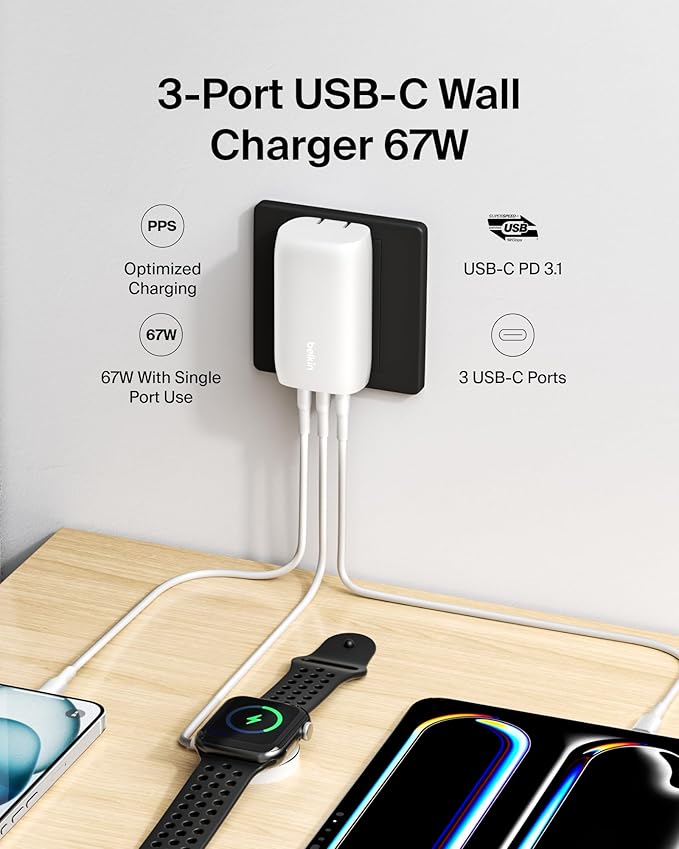 Belkin 3-Port USB C Charger Block 67W - PPS USB-C PD3.1 PPS Super Fast Charging - Samsung Galaxy S25, Apple iPhone 16, MacBook Pro, AirPods, Nintendo Switch 2 & More - White, 2-Pack