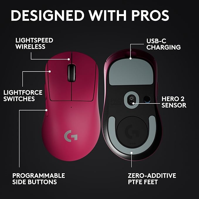 Logitech G PRO X Superlight 2 Wireless Gaming Mouse, 60g Pro-Grade with 5 Programmable Buttons, 44k DPI Sensor, 8kHz Report Rate, USB-C Charging for PC/Mac - Magenta
