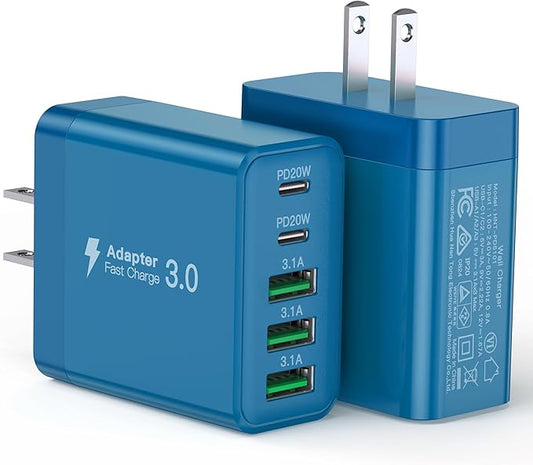 [2-Pack] USB C Wall Charger, 50W Fast USB C Charger Block, 5-Port PD Power Adapter + QC Wall Plug Multiport Type C Charging Block Cube Compatible with iPhone 16 15 14 13 12 11 Pro Max XR XS, Blue