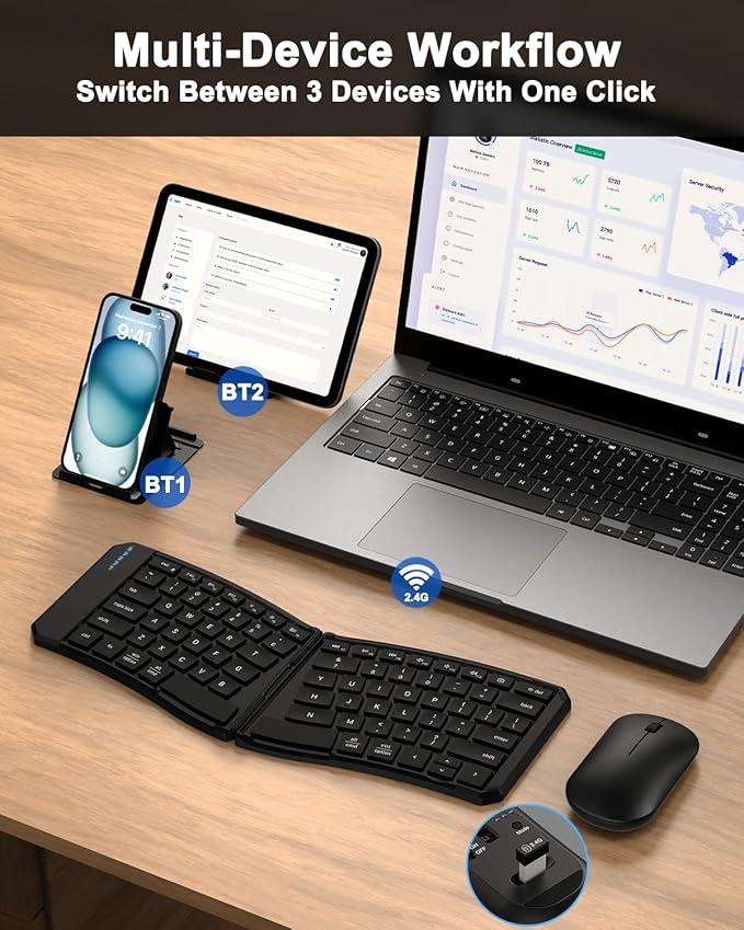 Ergonomic Foldable Keyboard and Mouse Combo, 2.4G+Dual Bluetooth Rechargeable Folding Keyboard Mouse for Travel and Business, Split Design, Portable Size for Laptop iPads Tablet Smartphone