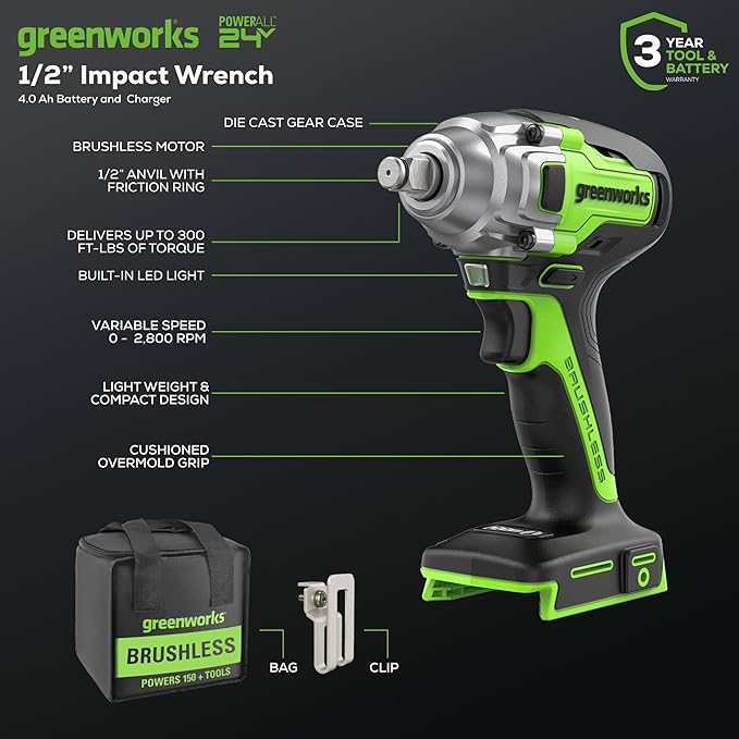 Greenworks 24V Brushless 2 pcs Cordless Power Tool Combo Kit, include Impact Wrench, Car Jack, Include 1 x 4Ah Batteries, 1 x 2Ah Batteries and 1 Charger