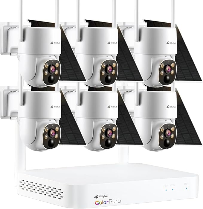Kittyhok 2K ColorPura Solar Security Camera System, Wireless Outdoor, 6pcs PT Security Cameras, Pro Color Night Vision, Human Detection, 360 View, 1TB HDD, KBLR4084 Bundle with BLY4
