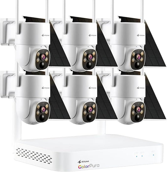 Kittyhok 2K ColorPura Solar Security Camera System, Wireless Outdoor, 6pcs PT Security Cameras, Pro Color Night Vision, Human Detection, 360 View, 1TB HDD, KBLR4084 Bundle with BLY4