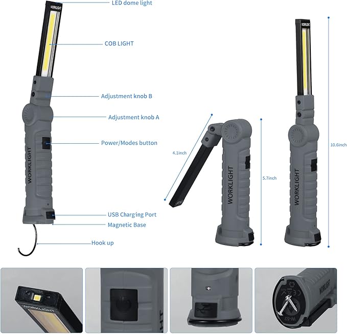 LED Rechargeable Flashlight, Mechanic Tools Trouble Light Cordless Worklight with Magnetic Base 360°Rotate 5 Modes,Portable Inspection Troch for Mens Gift,Automotive,Camping and BBQ(2 Pack)