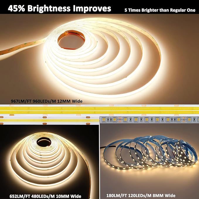 JOYLIT 24V COB LED Strip Lights 3000K Warm White Dual Row 16.4ft Waterproof 787LM/FT Ultra Bright CRI 95+, UL Listed PRO 7.6W/FT 960LEDs/M High Density 12MM Wide Adhesive Tape Light Task Lighting