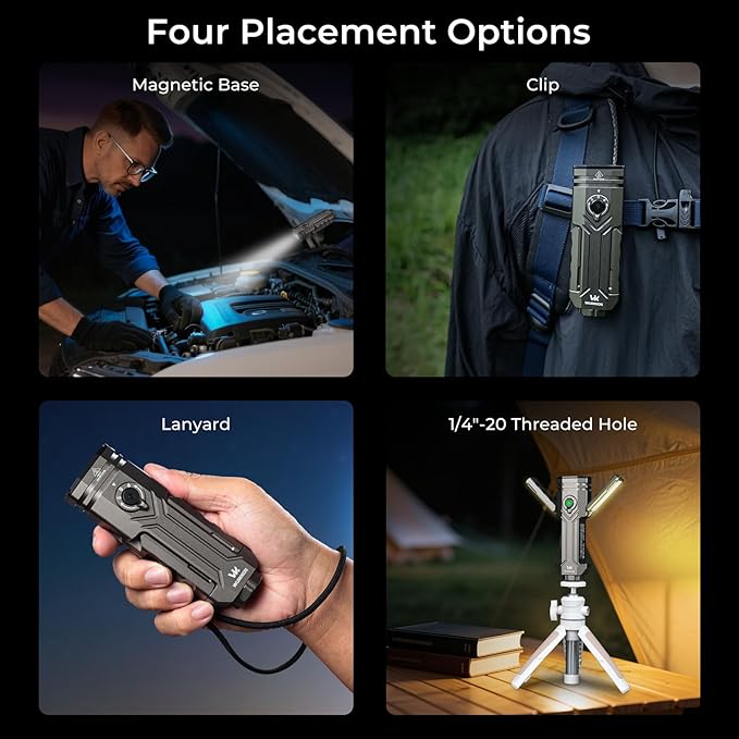 Wurkkos HD02 Flat LED Flashlight, Magnetic Deformation, 3200 Lumens, 5000 mAh Rechargeable, 3000K-6500K, Four-Light Sources, Folding Wing Lighting/Spotlight/UV Light/Green Light/MagneticTail,IPX6