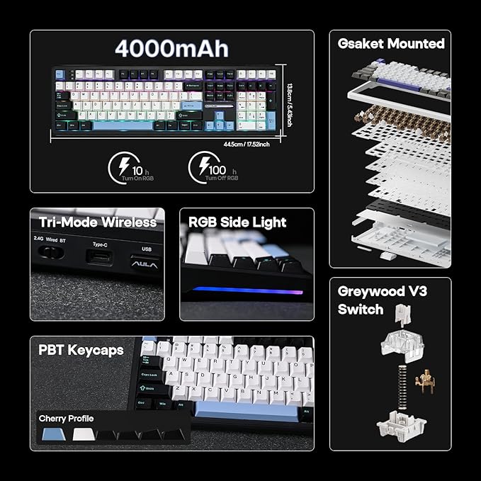 EPOMAKER Aula F108 Wireless Gaming Keyboard, Full Size Mechanical Keyboard with 4000mAh Battery, 108 Hot-Swappable and Programmable Keys, RGB Backlight, for Mac/PC/Android (Blue&White&Black)