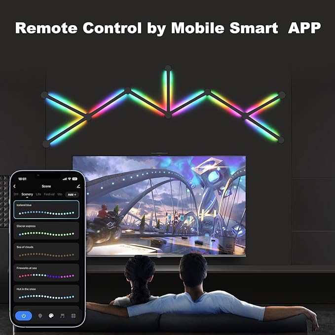 Smart Wall Light Lines, WiFi RGB LED Light Bars, 16M+ Color Dimmable Music Sync DIY Home Decor Light Bars for Gaming Party Streaming Lovers, Work with Alexa & Google Assistant (9 Lines,Black)