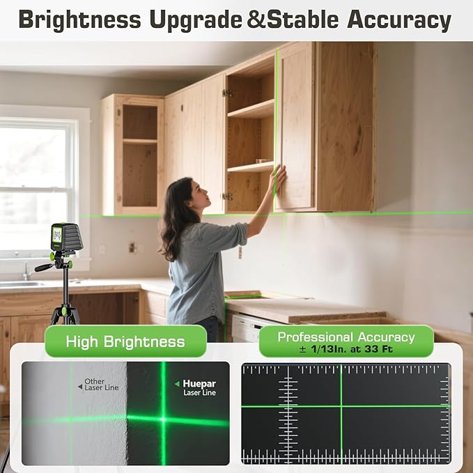 Laser Level with 60in Tripod, Huepar 150Ft / 150° Self Leveling Lazer Leveler Tool Outdoor Use(Pulse Mode-197Ft), Switchable Green Cross Line for Picture Hanging, Tile, DIY/Construction Project