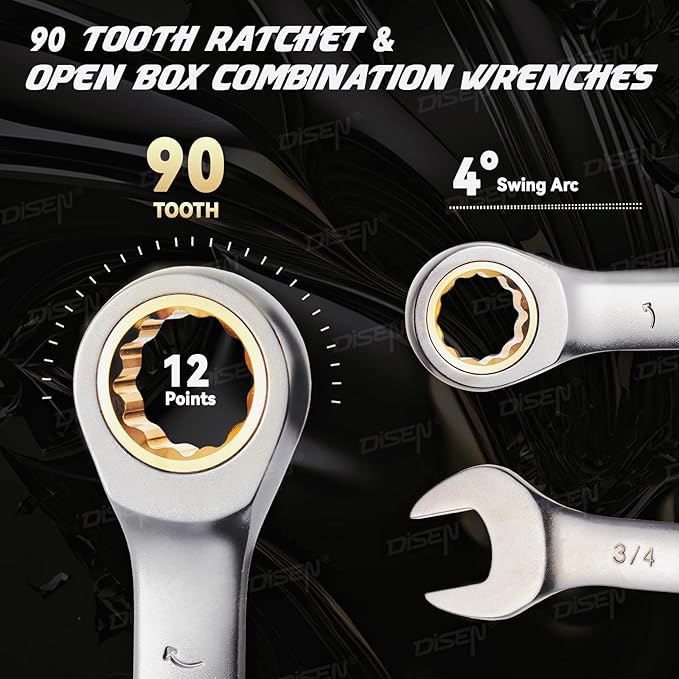 DISEN Ratcheting Wrench Set SAE Upgraded Open&Box End 90 Teeth 5/16", 3/8", 7/16", 1/2", 9/16", 5/8", 11/16", 3/4" Combination Ratchet Wrenches with Organizer, Black Nickel Coated,CR-V Steel (8PCS)