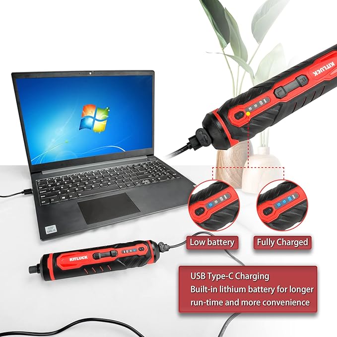 Electric Screwdriver, 4V Power Cordless Screwdriver Rechargeable Set with Li-ion Battery, 31 Bits&Extension Rod, 3 LED, 3 Adjustable Torque, Magnetic Hex Chuck, Mini Electric Screw driver Kit