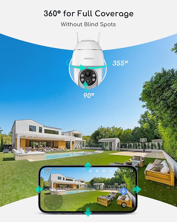 COOAU Solar Security Cameras Wireless Outdoor, 2 Cam-Kit, 4MP Cameras for Home Security System, 360° Pan & Tilt, Color Night Vision, Motion Detection, No Monthly Fee, Siren Alarm, IP66,64GB Card