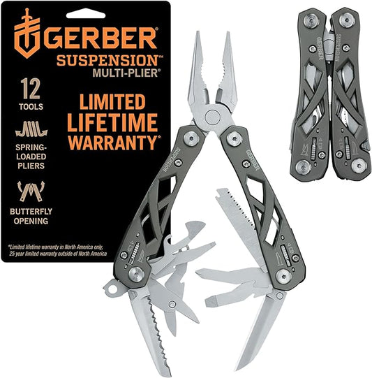 Gerber Gear Suspension 12-in-1 EDC Multi-Plier Multitool with Pocket Knife, Needle Nose Pliers, Wire Cutters and More, Gifts for Men, Camping and Survival, Grey