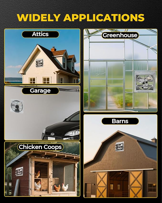 VENTISOL 12 Inch Exhaust Fan Wall Mounted, 1450CFM Shutter Exhaust Fan with Pre-Installed 1.65m Power Cord, Ventilation fan for Greenhouse, Garages, Attic, Shops, Chicken Coop, Barn, Shed