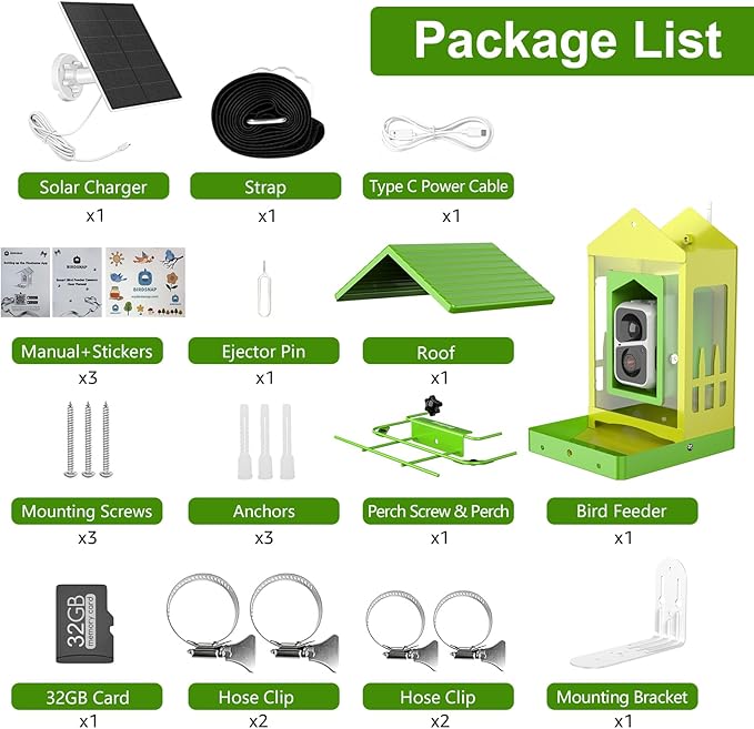 birdsnap® APS - Metal Bird Feeder with Camera Solar Panel 32GB Card, AI Identify 10000+ Birds Camera Feeder, 2K HD Live View Auto Record Bird Video, Ideal Xmas Gift for Birds Lover