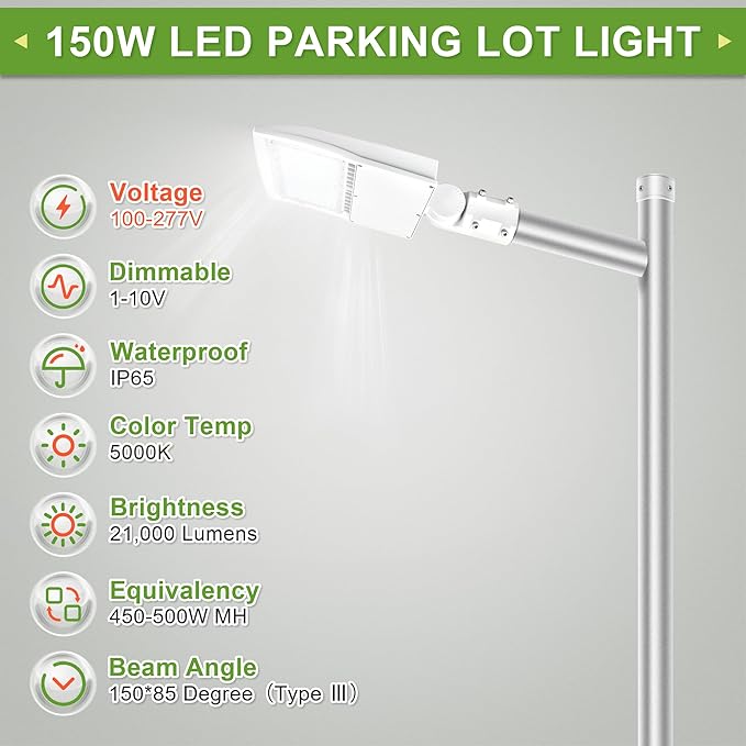 150W LED Shoebox Pole Light for Parking Lots - White 5000K, Dimmable, 21000LM, Surge Protection Built-in, Replaces 450W MH/HPS, Outdoor Area Street Lighting, 100-277V, DLC & UL Certified.