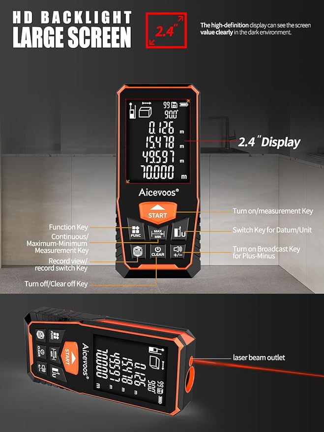 Laser Measure with Large Backlit Screen, Digital Laser Measurement Tool with Electronic Angle Measures Distance, Area and Volume