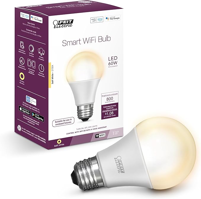 Feit Electric OM60/927CA/AG 60W Equivalent WiFi Dimmable, No Hub Required, Alexa Google Assistant A19 Smart LED Light Bulb, 4.4" H x 2.3" D, 2700K Soft White