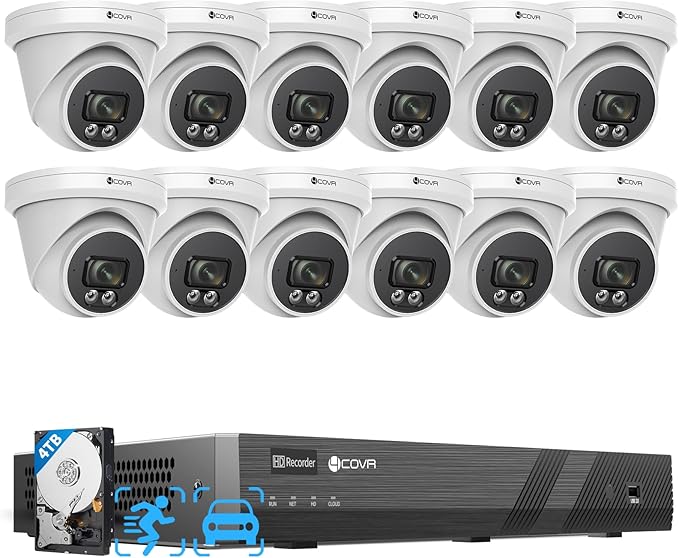 4COVR 16 Channel PoE Security Camera System, AI Human Vehicle Detection & Remote Access, 12Pcs 5MP Wired Commercial Dome IP Camera IP67, 8MP NVR 4TB HDD, Business Surveillance Outdoor, LY97SA5M1612