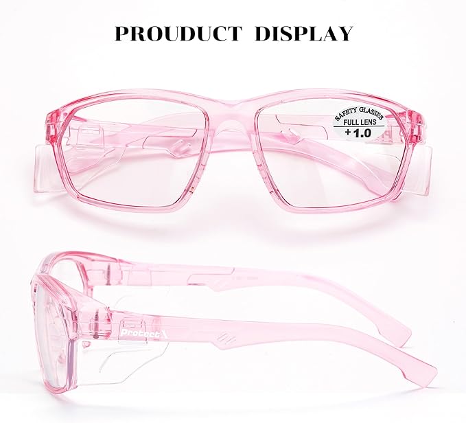 ProtectX Stylish Anti-Fog & Scratch-Resistant Safety Glasses With Readers, UV Protection Goggles, Anti-Impact Lightweight Glasses for Men＆Women Pink Reading 1.0-2 Pack