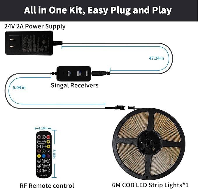 20FT LED Strip Lights COB Smart IC, 24V RGB LED Lights for Bedroom with RF Remote Smart App Button Controller Music Sync Color Changing Strip Lights for Game Room Kitchen Cabinet Lighting