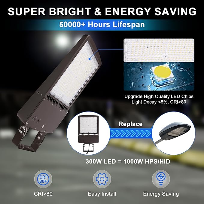 480V 300W LED Parking Lot Light, 42000LM(140lm/w) LED Shoebox Area Light(1000W HID/HPS Equiv.), 5000K Dimmable Outdoor Commercial Street Lighting -10KV Surge Protection IP65 277-480V UL DLC Listed