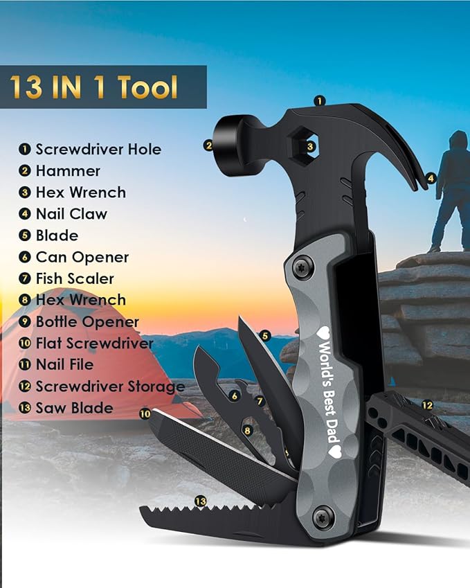 Dad Gifts for Fathers Day from Daughter Son Wife - Multitool Hammer Gifts for Men Camping Accessories 13 In 1 Survival Multi Tools Hammer Cool Gadgets for Men Adults Husband Grandpa Women Birthday