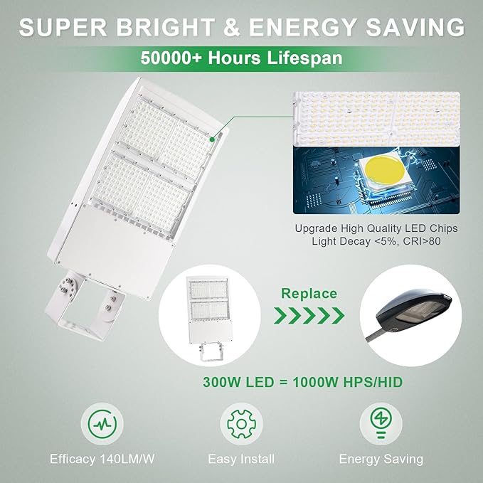 300W LED Parking Lot Light, 5000K 42000LM(140lm/w) LED Shoebox Area Light - Yoke Mount, Dimmable Commercial Street Lighting, Surge Protection Built-in, AC100-277V UL DLC Listed