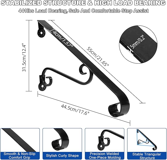 21.7" Outdoor Stair Handrails,1-2 Steps Stairs Rails-Wall Mounted Wrought Iron Hand Railing-Staircase Grab Rail-Heavy Duty Metal Art Handrail for Outdoor Steps-Porch Garage-Anti-Corrosion Carbon Steel
