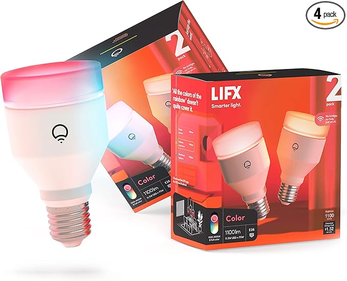 LIFX color, A19 1100 lumens, Wi-Fi Smart LED Light Bulb, Billions of colors and Whites, No Bridge Required, Works with Alexa, Hey Google, HomeKit and Siri, Multicolor (4-Pack)